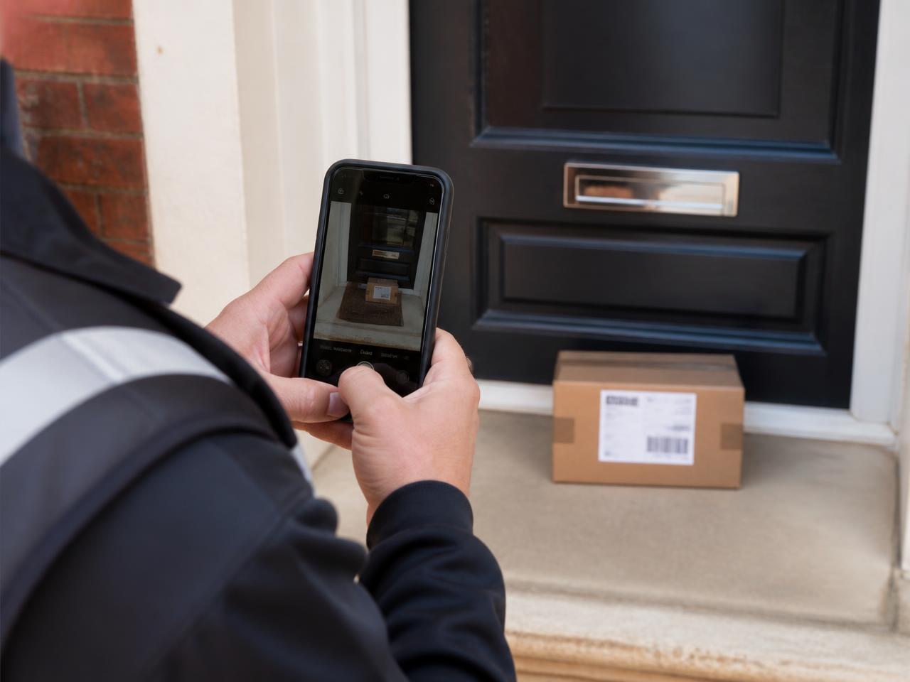 A courier photographing a delivered parcel on a doorstep as proof of delivery